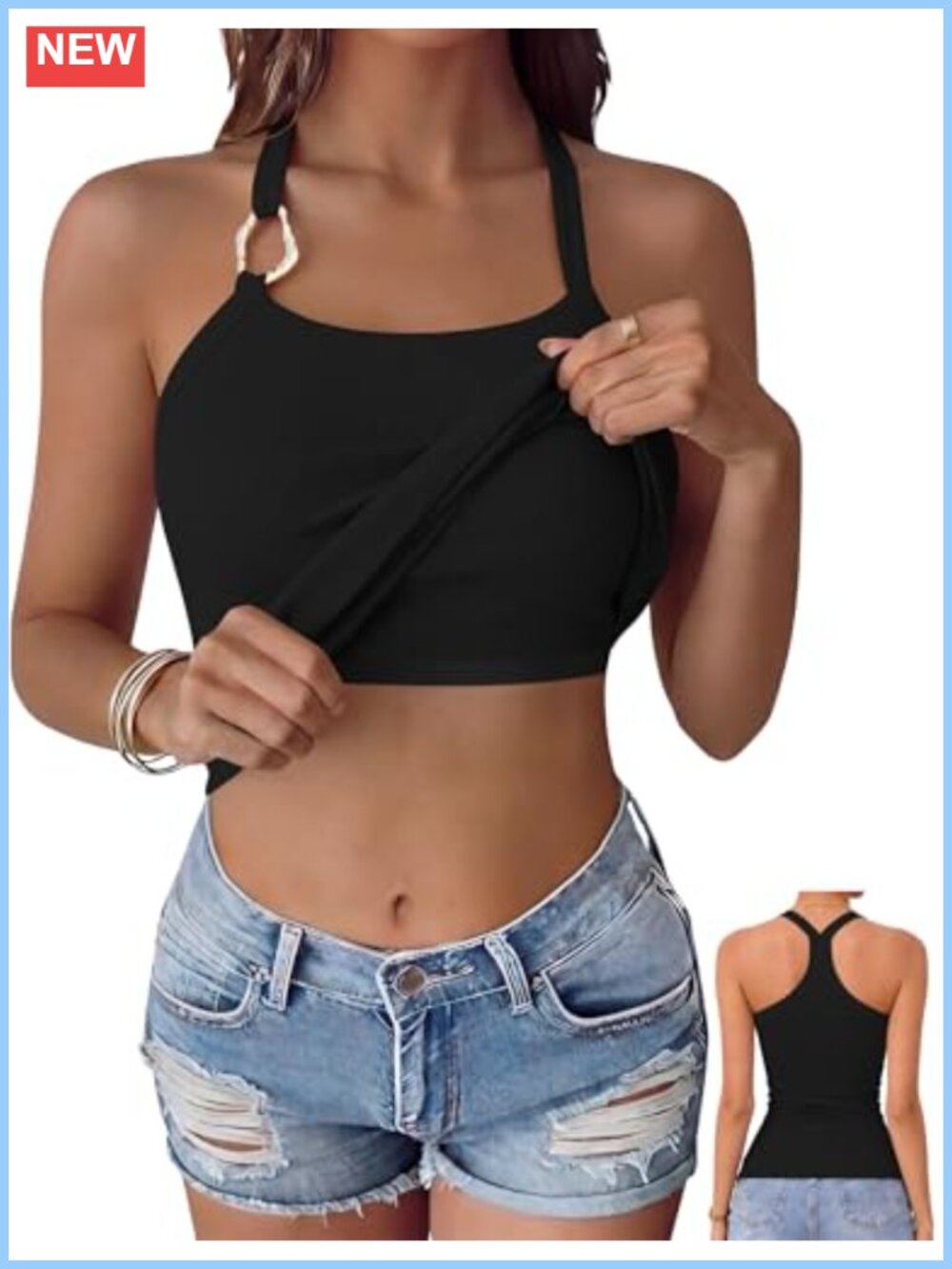 Womens Ribbed Built in Bra Tank Top Sleeveless Square Neck Racerback